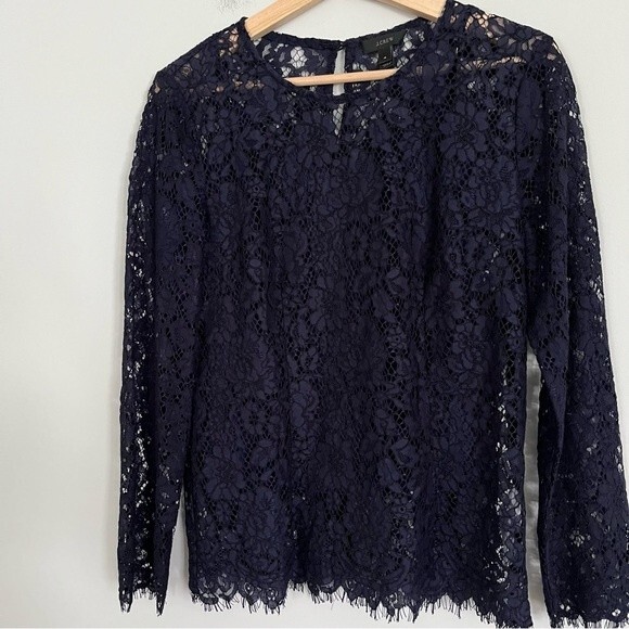 J. Crew Navy Long Sleeve Lace Top with Removable Tank Lining, Size 4 NWOT - Picture 2 of 13